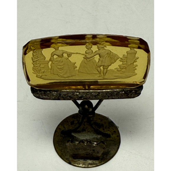Antique Austria Intaglio Yellow Amber Glass & Metal Card Place Holder Courting - Picture 2 of 6